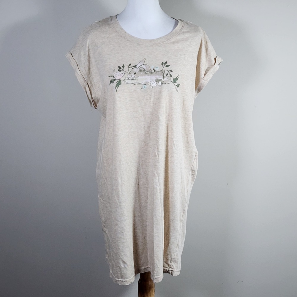 Bunny Rabbit Nightgown Womens Medium Beige Mushroom Cottagecore Sleepwear Lounge